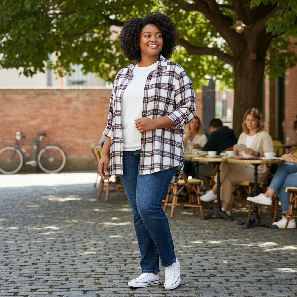 Terra & Sky Womens Plus Size 3X White Burgundy Plaid Long Sleeve Button Up Shirt